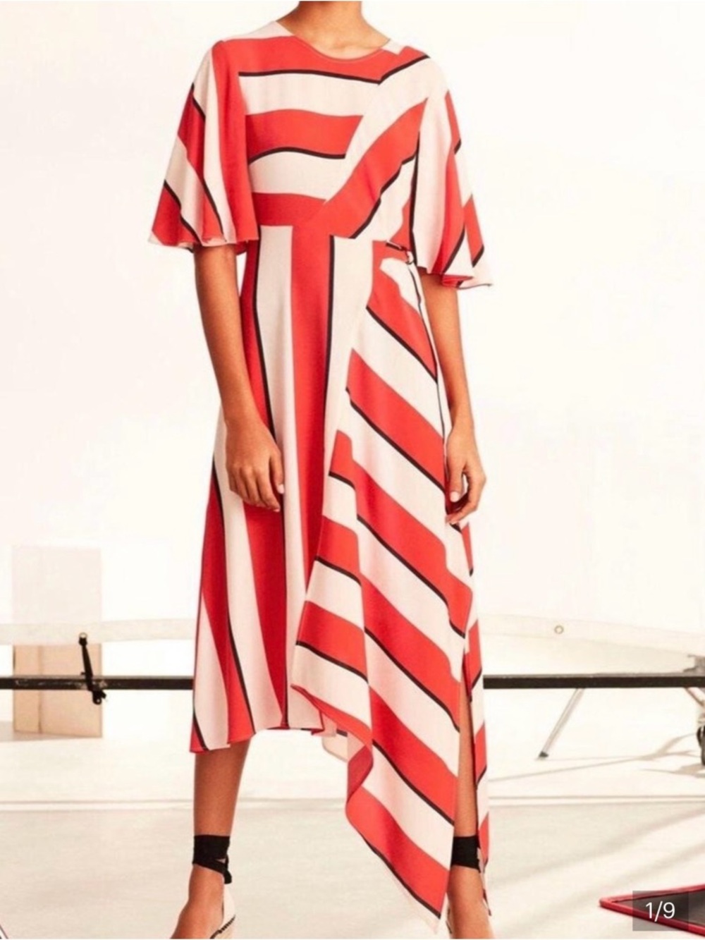Topshop sz 8 Women's Red and Cream Striped Asymmetric Midi Dress
